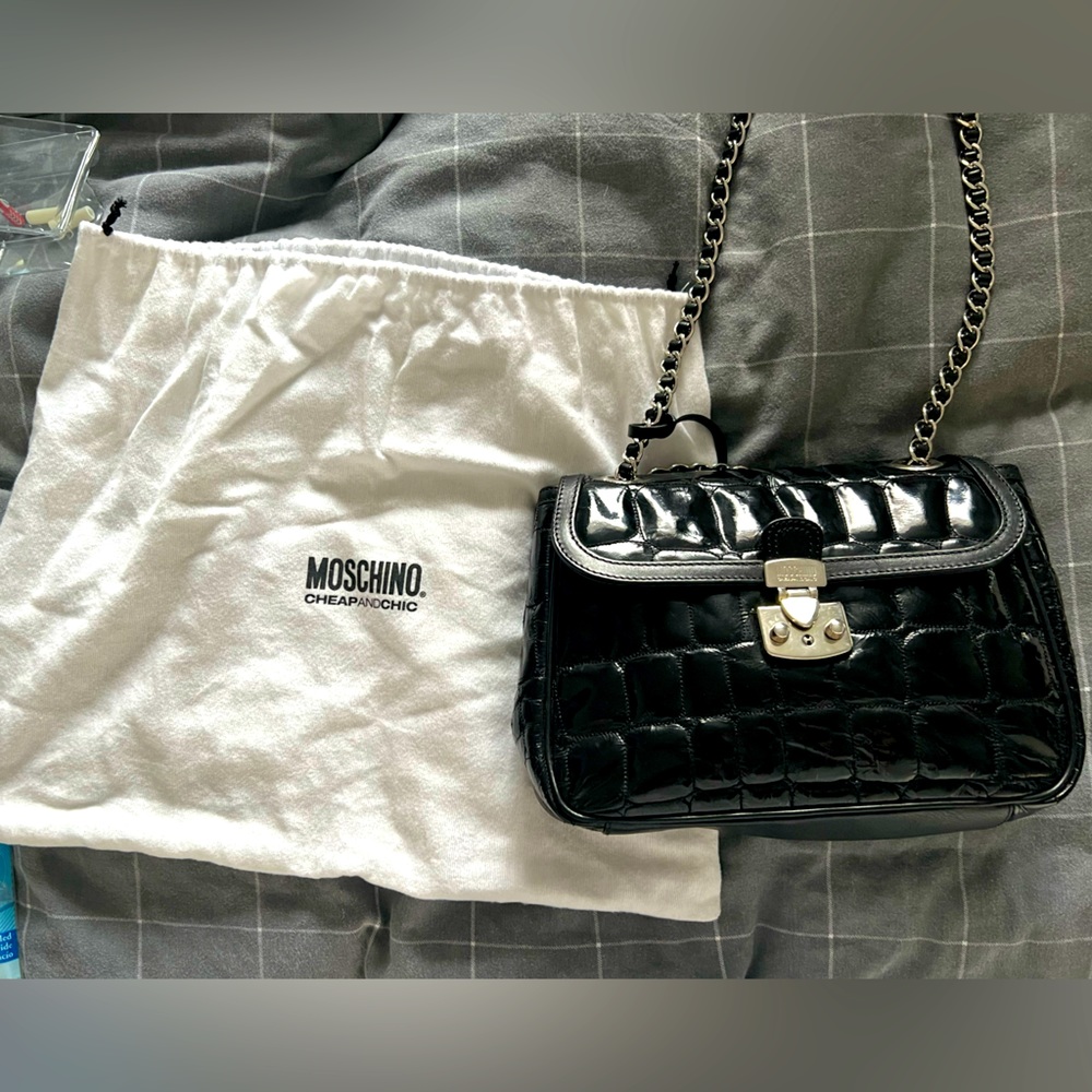Moschino Black Quilted Patent Leather Chain Shoulder Bag